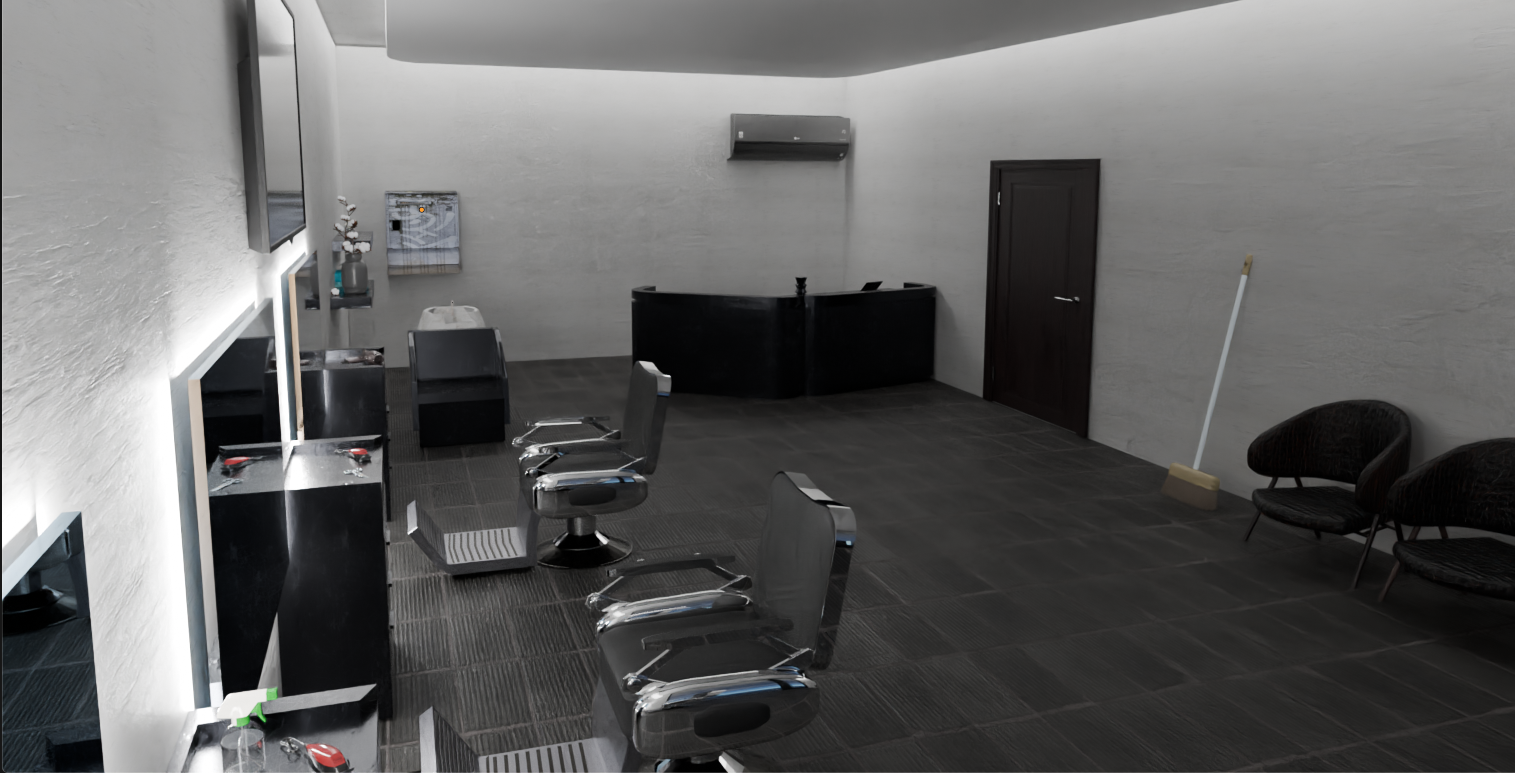 Modelisation 3D d'un salon de coiffure au design cyberpunk